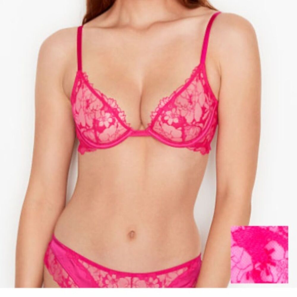 Victoria's Secret Hot Pink Floral Lace Demi Bra 32DD Underwire Low Cut Unlined